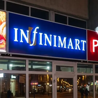 Infinimart Pastries lightbox signs glowing at night